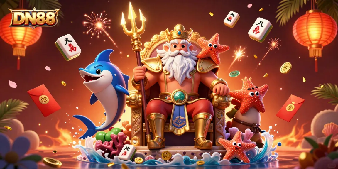 Experience the excitement of DN88 with Neptune and vibrant casino elements in this captivating 3D illustration.