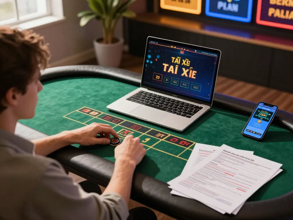 Tài Xỉu online gameplay setup showcasing a player analyzing strategies and engaging in betting.