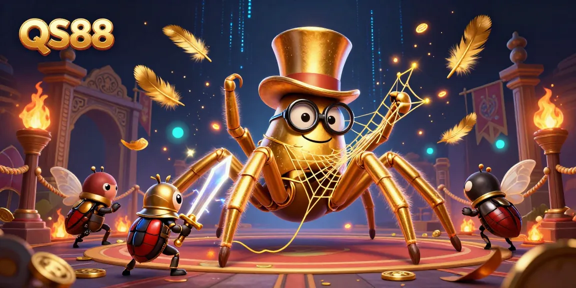 Engage in exciting gameplay at QS88 with dynamic 3D illustration of a golden tarantula and beetle knight in a vibrant casino scene.