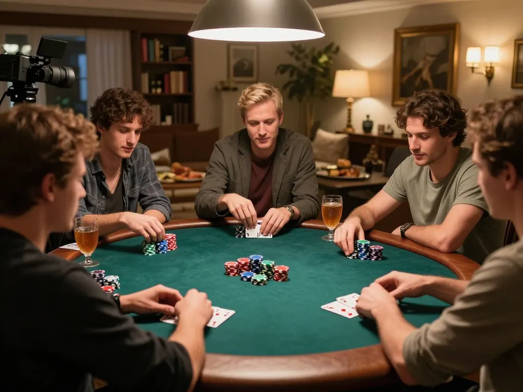UU88 poker night with friends enjoying a competitive game around a stylish wooden table.