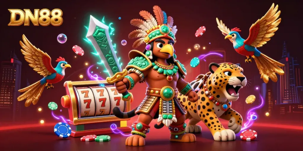 Experience thrilling casino action with DN88 as colorful slot reels and chips surround warrior characters.