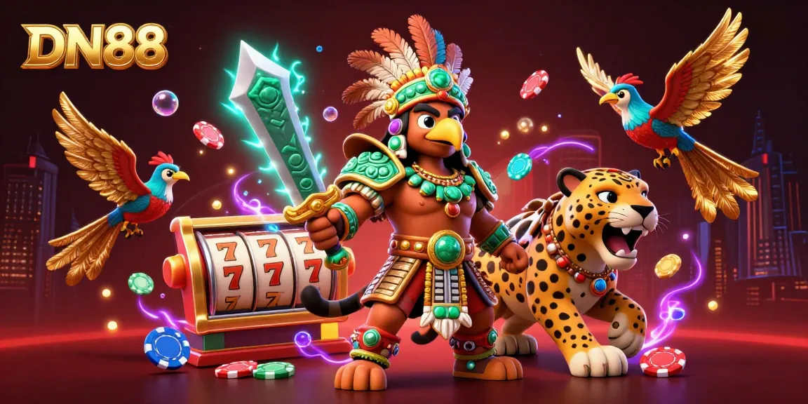 Experience thrilling casino action with DN88 as colorful slot reels and chips surround warrior characters.