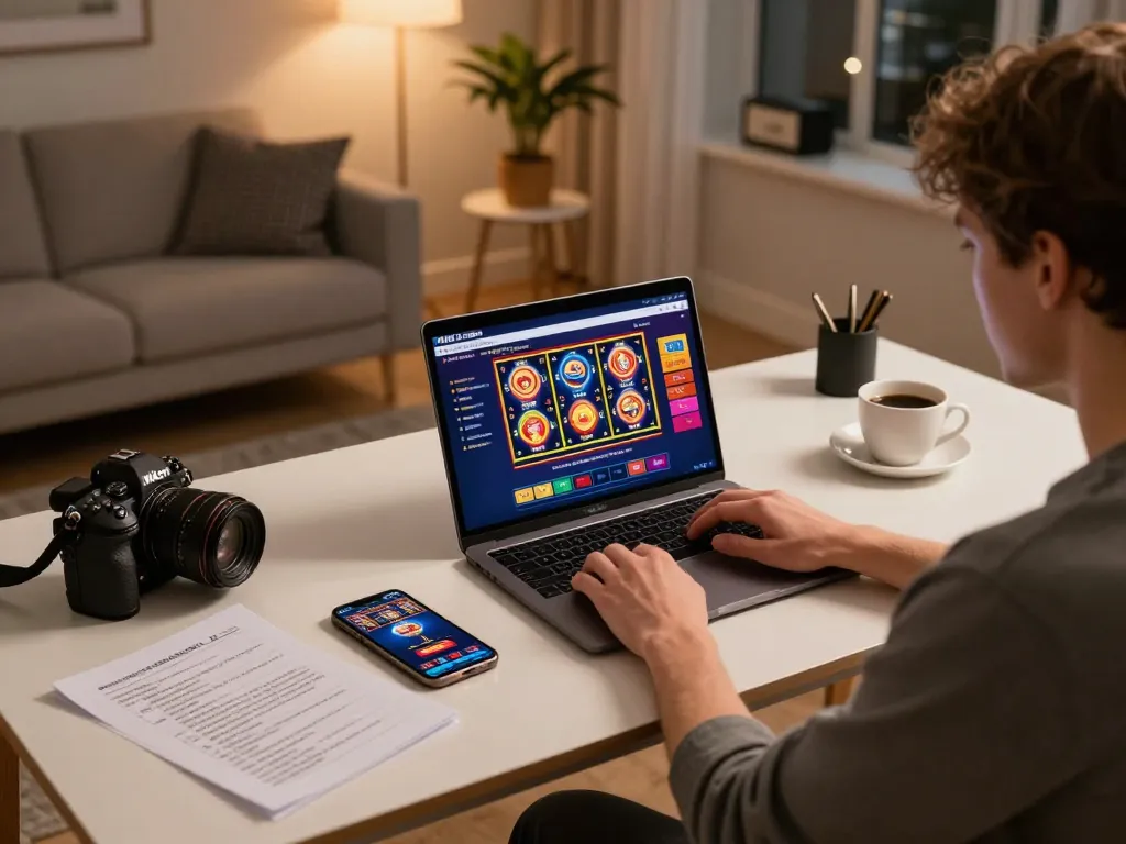 Person engaging in online gaming at PH22 using a laptop, highlighting modern gambling strategies.