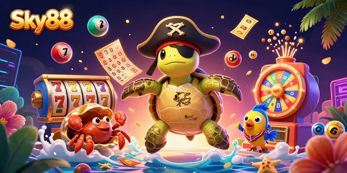 Engage with Sky88's vibrant casino adventures featuring a pirate turtle among dynamic lottery elements.