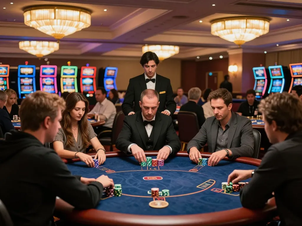 Dynamic casino scene of players engaging at nhà cái nk88 poker tables, showcasing excitement and strategic gameplay.
