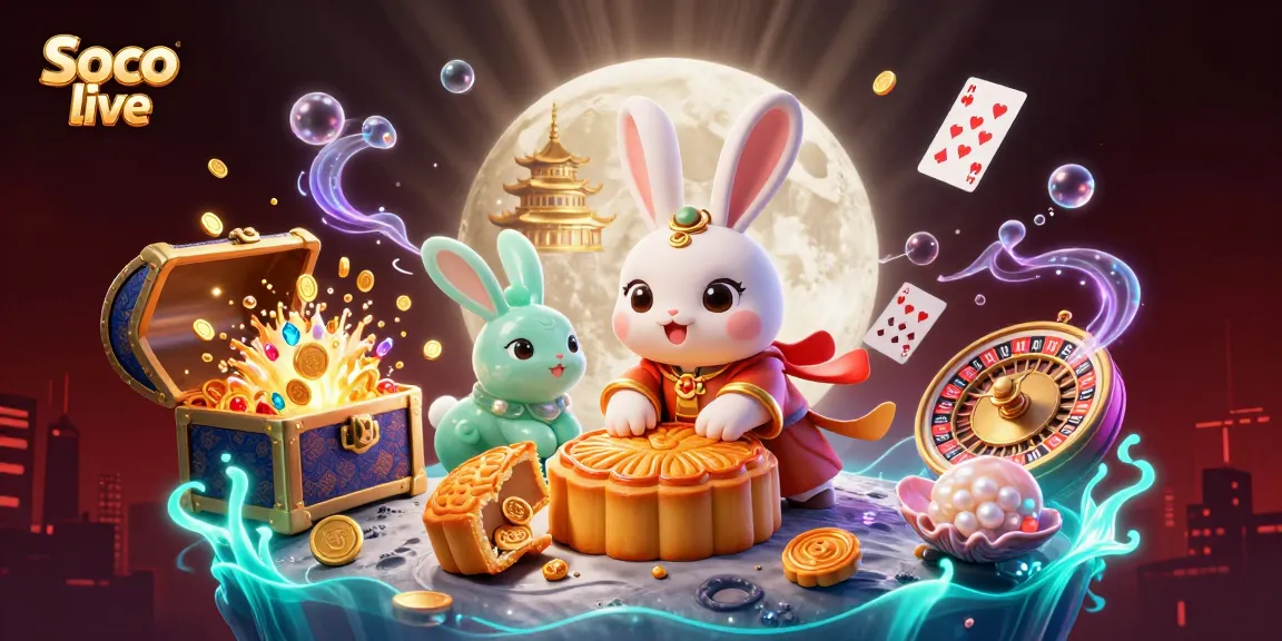 Spin and win with Soco live as a moon rabbit reveals hidden poker chips in a dynamic casino scene.