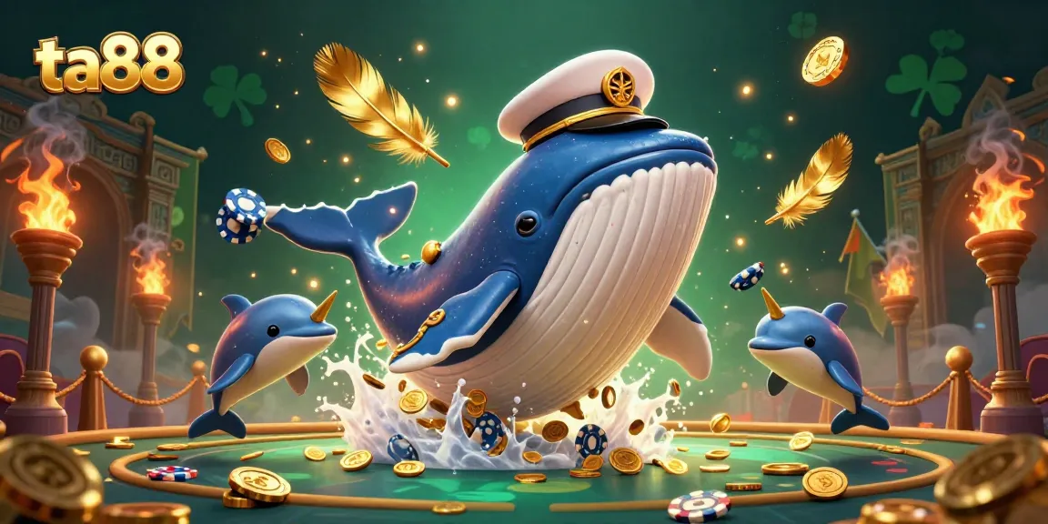 Engaging ta88 scene featuring a cartoon whale and dolphins amidst casino treasures and excitement.