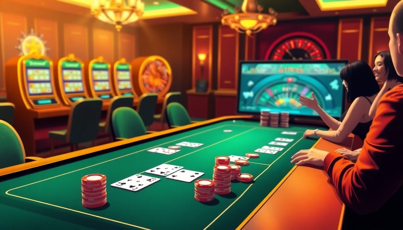 Cổng game hitclub vibrant casino atmosphere with players at a modern gambling table.