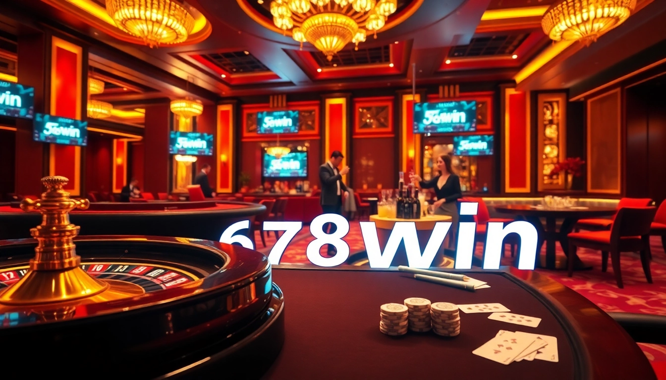 Experience the thrill of gambling as you play at 678win, featuring roulette, poker chips, and vibrant casino scenes.