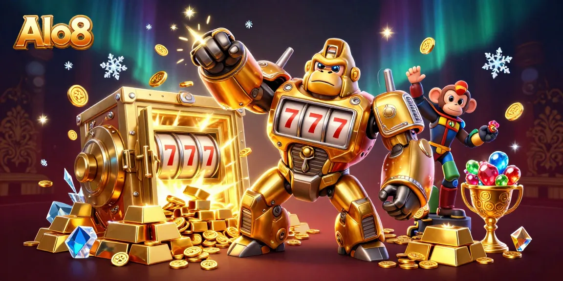 Alo8's golden gorilla mech celebrates with coins exploding from a treasure vault in this dynamic gambling scene, showcasing exciting casino themes.