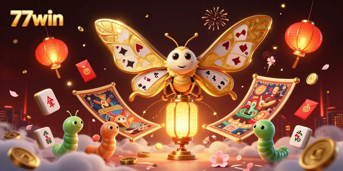 Engage your luck with 77win's vibrant casino adventure featuring a majestic moth and golden treasures.