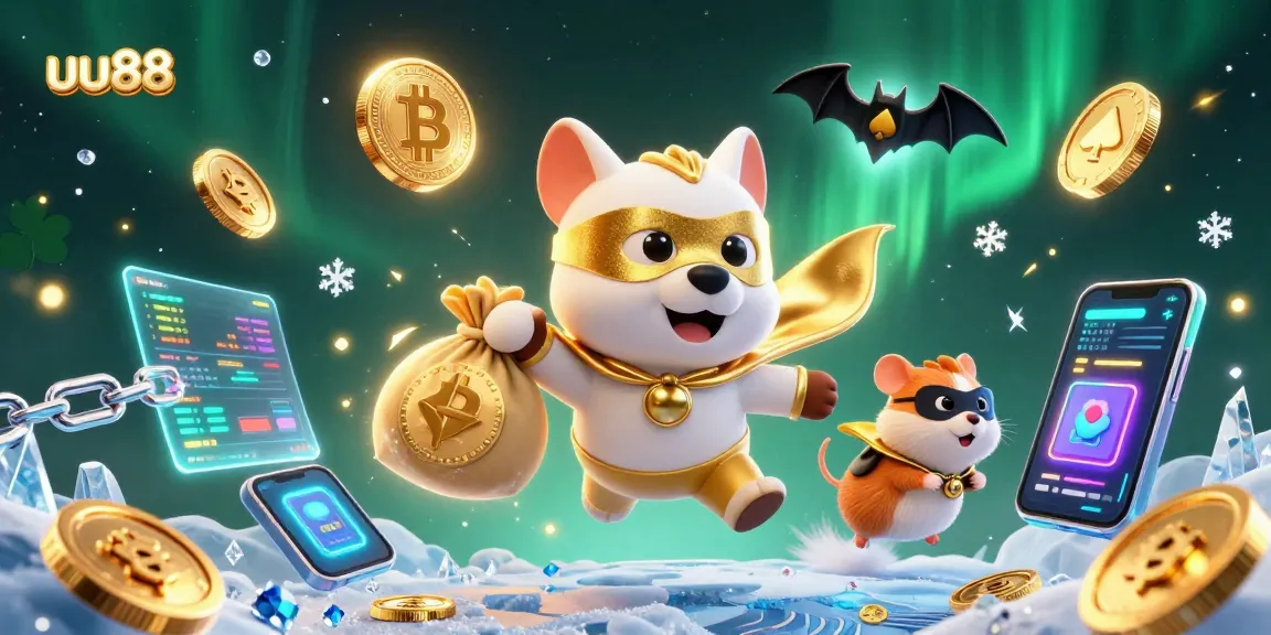 uu88 showcases a dynamic scene with a superhero dog and hamster among vibrant casino elements.