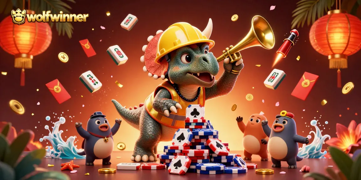 wolfwinner showcases a lively 3D casino scene with a triceratops building poker chip pyramids amidst festive elements.