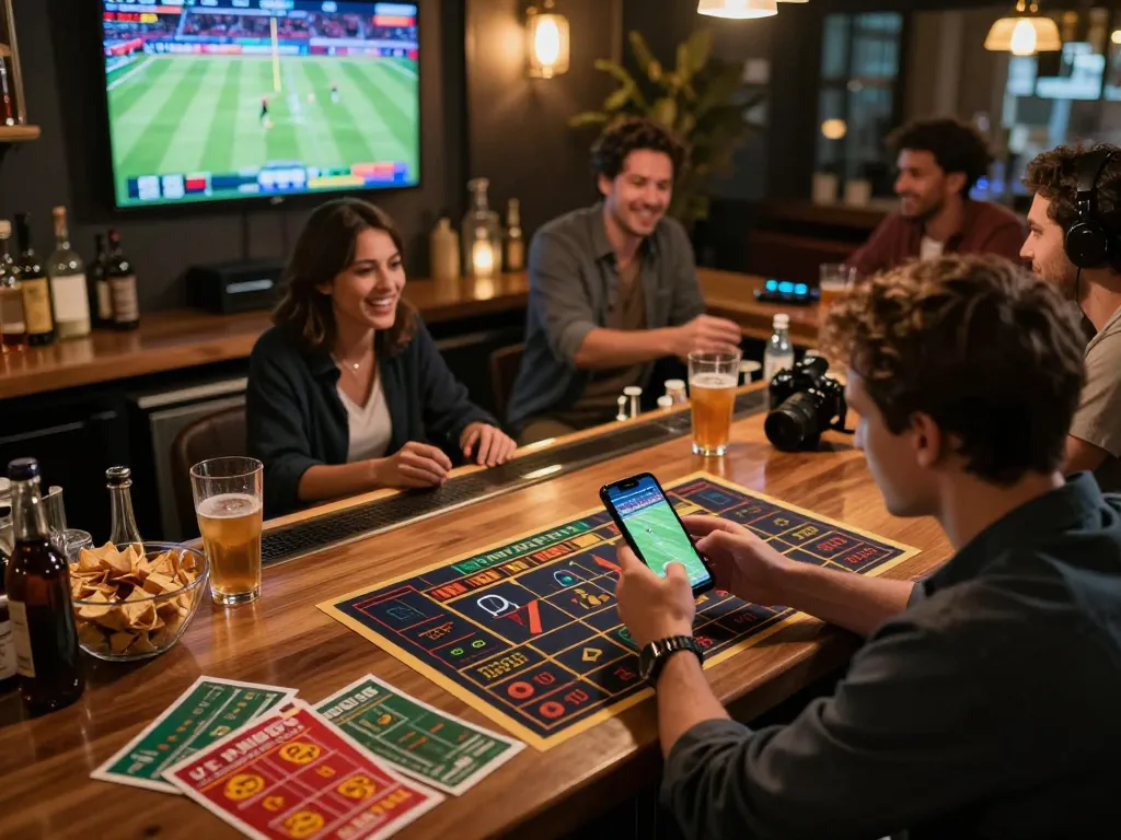 Active sports betting scene showcasing miso88 app on smartphone with lively atmosphere.