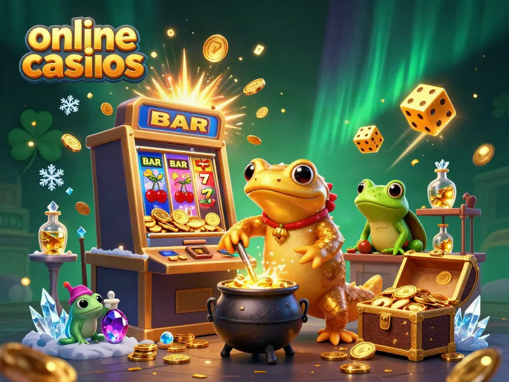 Experience the excitement of online casinos in a vibrant 3D scene with a golden salamander alchemist.