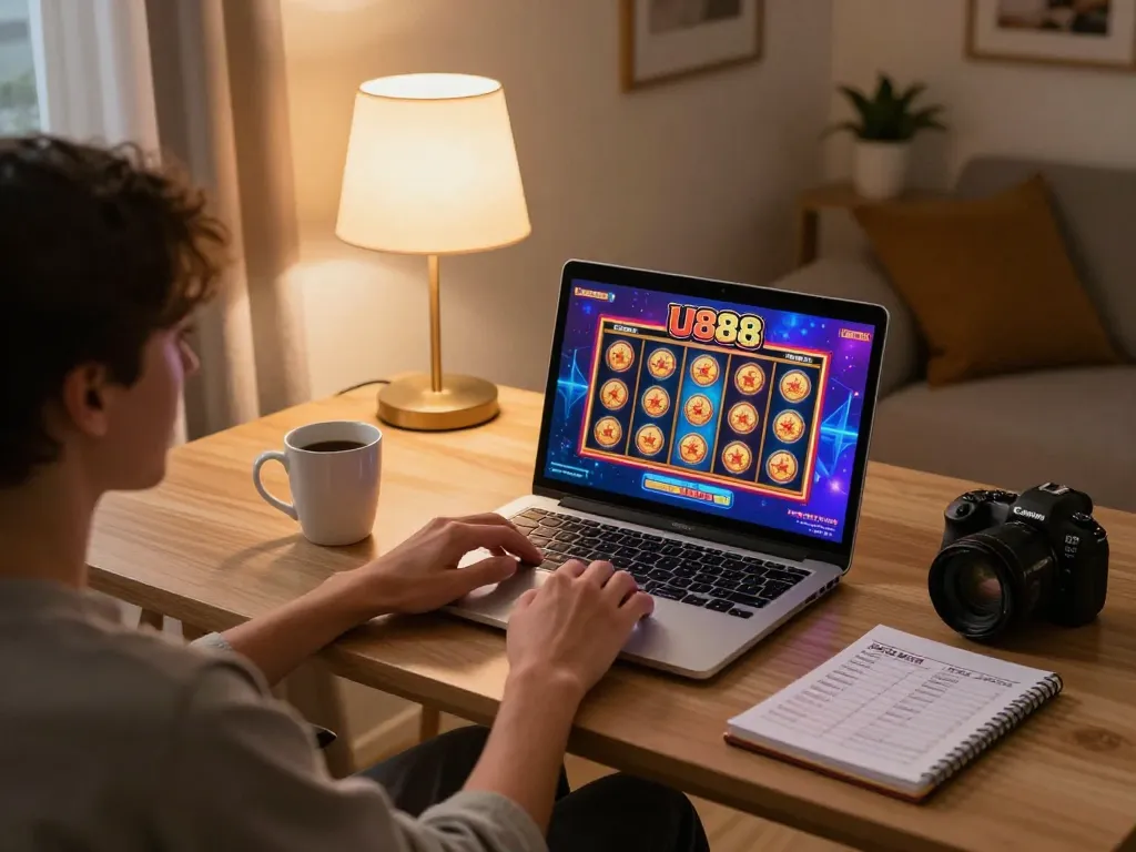 Person engaged in online gameplay at U888 casino on a laptop with strategic notes beside them.