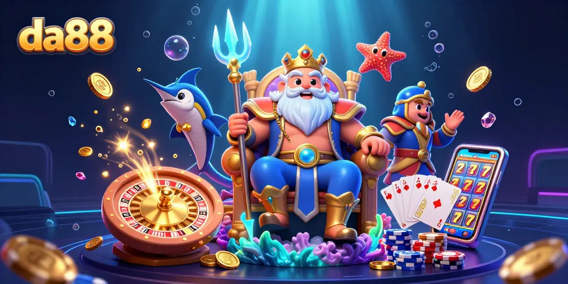 Win big at da88 with a vibrant underwater casino scene featuring Neptune and treasure.