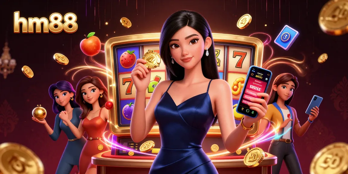Win big with hm88 in a vibrant casino scene featuring stunning characters and slot elements.