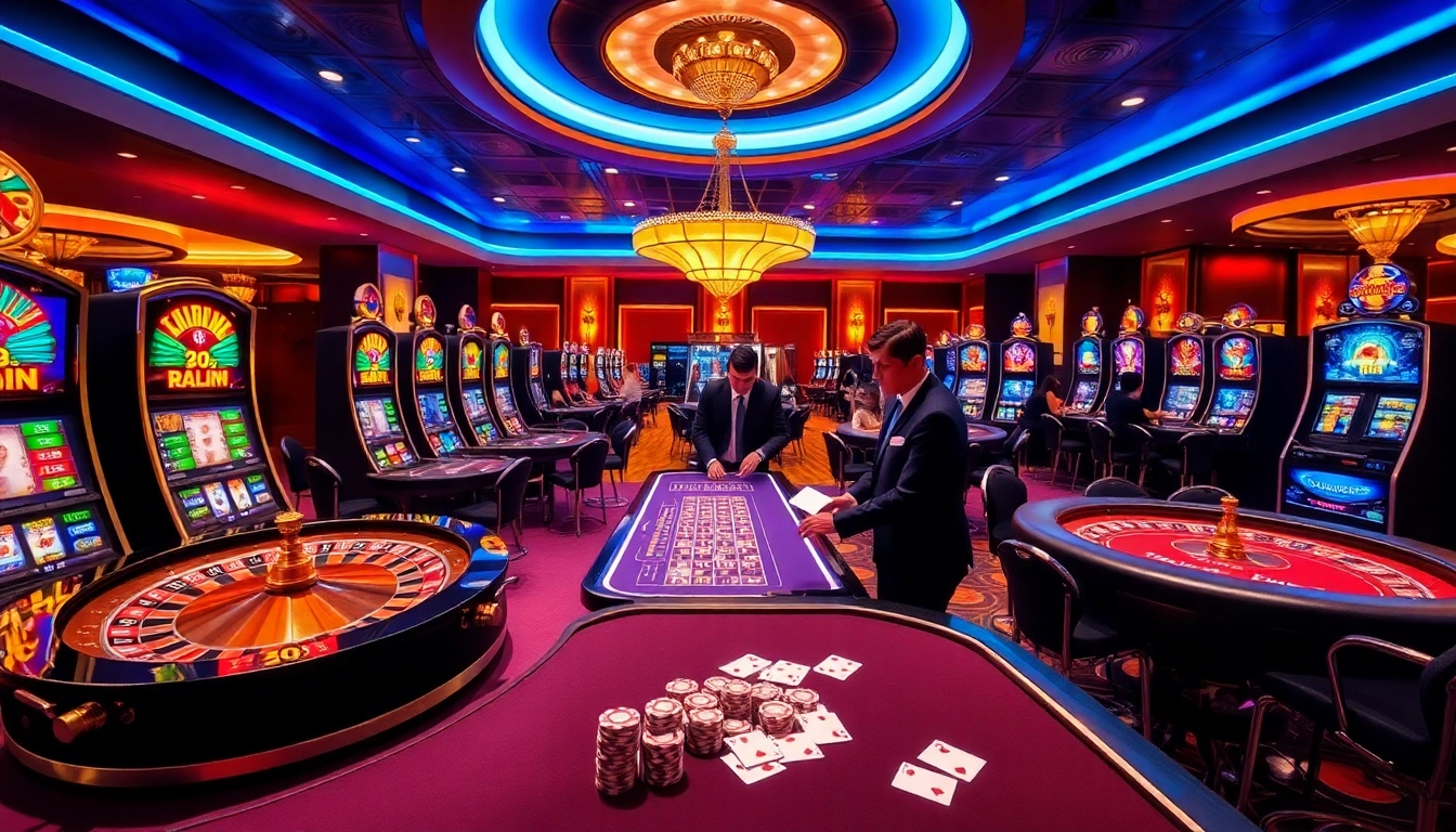 32WIN casino gaming scene with vibrant tables, slot machines, and engaged players.