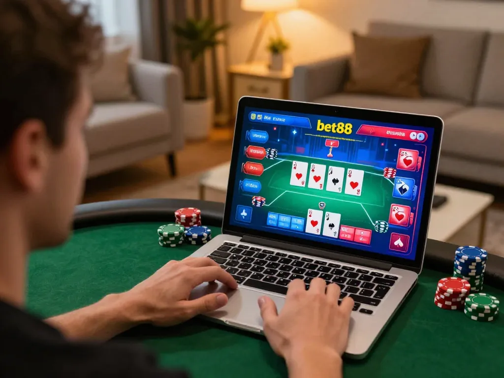 bet88 player strategizing in an online poker game while seated in a comfortable home environment.