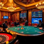 Players enjoying a thrilling poker game at ku88m.com, vibrant casino atmosphere with roulette and chips.
