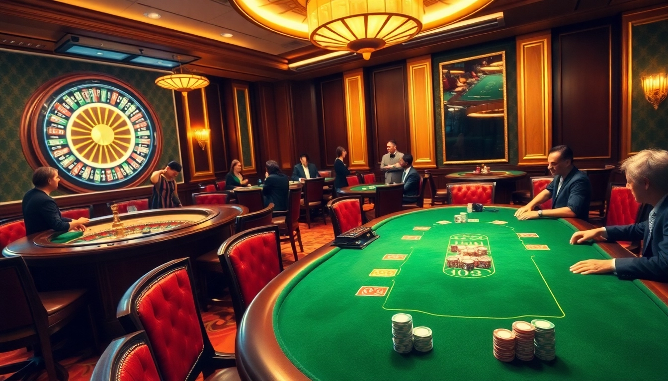 Feel the excitement of wining at ku88 casino featuring a luxurious poker table and roulette wheel.