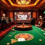 Experience the thrill of C168 COM at an upscale casino with poker tables and roulette wheels.