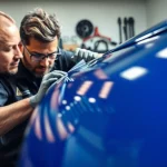 Skilled technician installing PPF Chattanooga on a shiny car under bright lighting.
