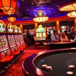 Nohu90 players engaging in an exciting casino game with vibrant slot machines and poker chips.