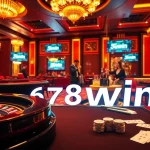 Experience the thrill of gambling as you play at 678win, featuring roulette, poker chips, and vibrant casino scenes.