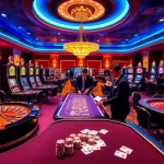 32WIN casino gaming scene with vibrant tables, slot machines, and engaged players.