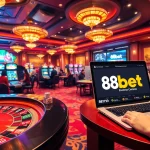 Exciting gaming scene at 88bet casino featuring roulette, poker, and slot machines.