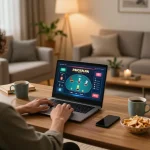 Experience online gambling at https://kp8888.net/ with a cozy home setup featuring poker gameplay on a laptop