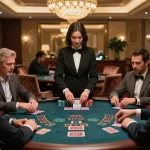 Experience the thrilling blackjack game at Da88 VIP casino, where high-stakes players engage with a professional dealer.