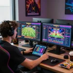 Engaging online betting experience with MAY88 featuring vibrant games and a modern gaming setup.