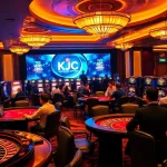 KJC gaming experience in a luxurious casino with poker tables and slot machines.