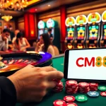 Experience high-stakes gambling at CM88 with a vibrant casino scene featuring roulette and poker tables.
