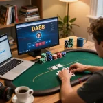 Player engaged in online poker using DA88 interface at home, with strategy notes and colorful chips on the table.