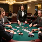 Play blackjack at https://rr88.com.se/ with players engaged in a strategic game, colorful chips stacked on the table.