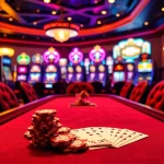 A dynamic poker scene at https://www.bdtk66.blog/ highlighting vibrant chips and cards amidst an elegant casino atmosphere.