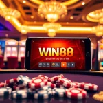Experience the excitement of online gambling with the WIN88 APP interface on a sleek smartphone amidst vibrant casino elements.