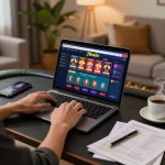 Engaging with casino 78win online gaming platform at home with laptop and strategy notes.