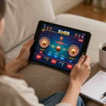 Xo88 player enjoying live casino action on a tablet in a cozy home environment