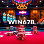 Casino scene with WIN678 logo showcasing a thrilling gambling atmosphere with poker and slots.