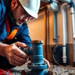 Backwater valve installation in Toronto with a skilled technician demonstrating expertise in a basement.