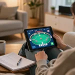 Engaged in online gambling at home, the person explores nhà cái rr88 on their tablet.