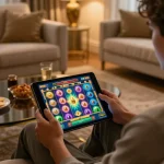 Win138 player enjoying slot games on tablet in a cozy, responsible gaming environment