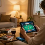 Engaging in a TX88 poker game on a tablet, showcasing a cozy home gaming environment.