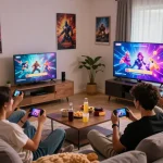Friends enjoying an engaging HTML porn game on a big screen in a cozy living room.