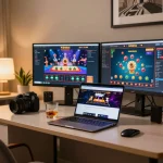 Engaging gamer enjoying 98win online casino experience with modern setup and warm atmosphere